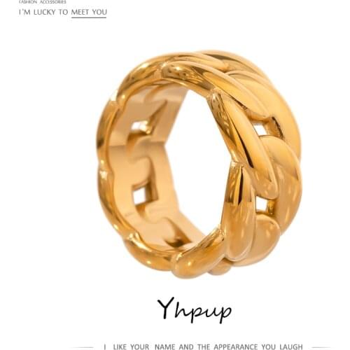 Yhpup Minimalist Metal Texture Chain Ring for Women Stainless Steel Round Gold Color Statement Ring 18 K Plated Party Gift 2021