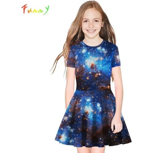 Fashion Space Galaxy Print Princess Dress for Girls High Waist Short Sleeve Mini Girl Party Dress Children Clothing Jurken 8-12Y