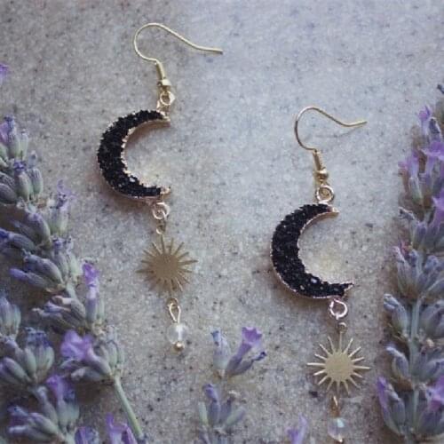 Charming Gemstone Crescent Moon Sun Earrings Phase Boho Witchy Brass Hippie Jewelry Women Gift Girlfriend Drop Metal Statement