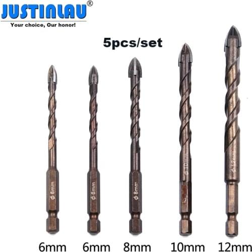 JUSTINLAU 5pcs/set 6/6/8/10/12mm Drill Bits Metal Processing Wood Drills Drilled Tools for Set Hex Shank Tap of Cone Mini Glass