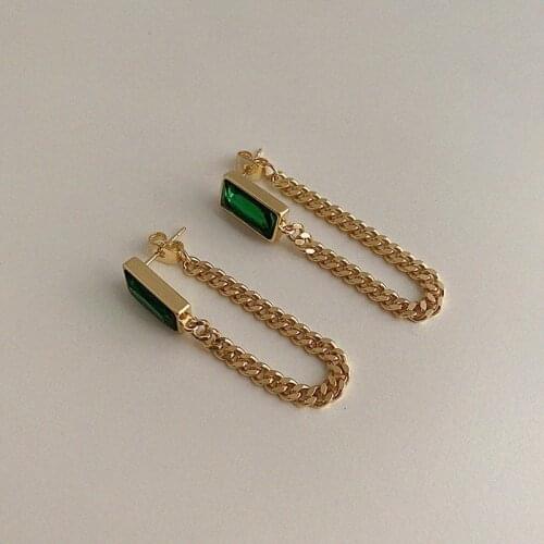 Vintage Green Zircon Gold Plated Metal Chain Tassel Dangle Earrings for Women Girls Exquisite Korean Fashion Jewelry