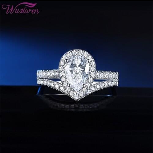 Wuziwen Solid 925 Sterling Silver Water Drop Shape AAAAA CZ Wedding Engagement Ring Set For Women Bridal Jewelry
