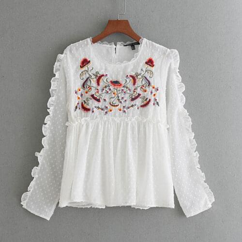 Bella Philosophy Autumn Winter Blouse Shirt Women Floral Embroidery Trim Blouse Female Casual Long Sleeve Loose Tops