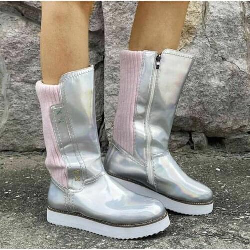 Women Flats Mid-Calf Boots Gladiator Booties Plus Size Autumn Warm Pu Leather Flat Snow Boots Warm Solid Color Ladies Shoes