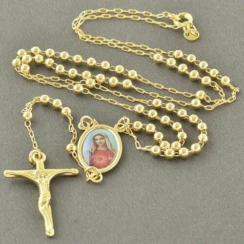 Love & Annie Womens Mens Cross Pendant Necklaces Gold Color Rosary Pray Beads Blessed Mary Cross Necklace 3MM