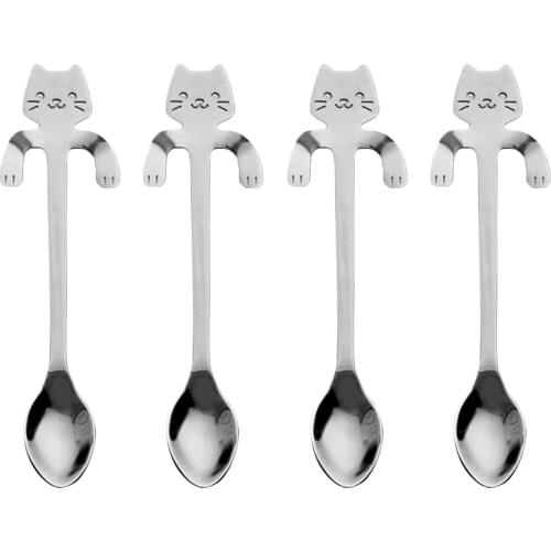 10pcs Stainless Steel Cat Creative Coffee Tea Spoon Long Handle Ice Cream Teaspoon dessertspoon Drinking Tools Kitchen Supplies