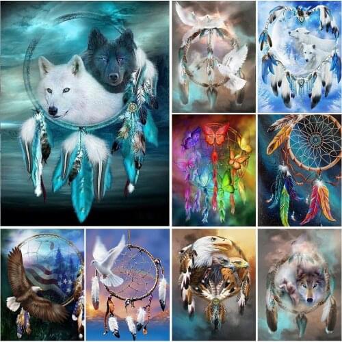 5D DIY Diamond Painting Dreamcatcher Wolf Kit Full Drill Square Embroidery Animal Mosaic Art Picture of Rhinestones Gift Decor