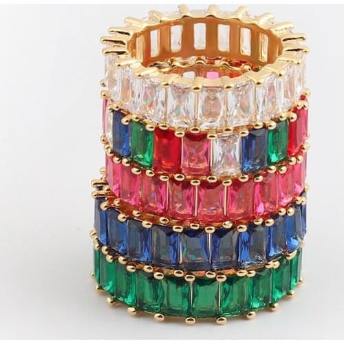 Colorful CZ Eternity Band Ring Boho Skinny Engagement Wedding Birthstone Rainbow Color Classic Simple Round Circle Finger Rings