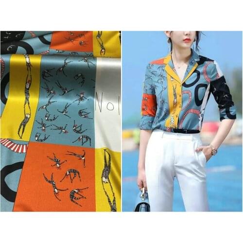 European and American Contrast Color Geometric Clown Printed Mulberry Silk Cloth New 19 M Stretch Satin Fabric
