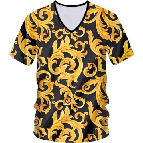 IFPD EU Size Men Golden Flower V-neck T-shirt Summer 3D Printed T-Shirt Homme Short Sleeve Luxury Royal Baroque Mens Clothing