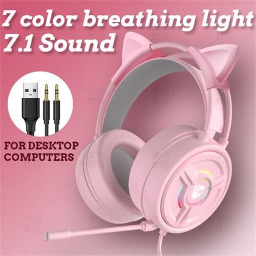 New product RGB pink wired cat ear headset HD mic stereo gaming headset suitable for dual-hole desktop computer notebook