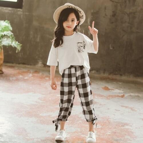 Girls Clothes Kids 2019 Summer Clothes Set Toddler Outfits Children T-shirt + Plaid Capri pants 3 to 13 Years