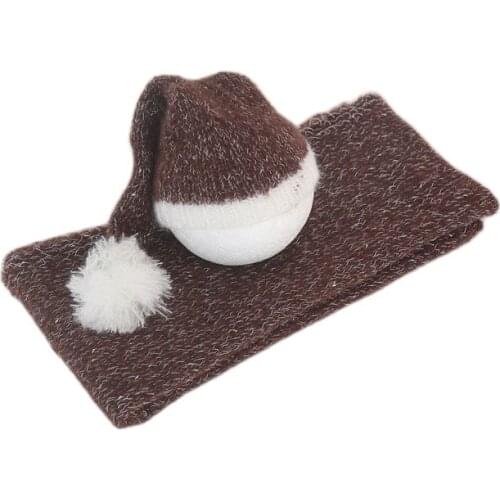 Brown Baby Photography Wraps Knitted Stretchy Wrap Layer Lovely Newborn Pom Pom Bonnet Set Newborn Hat Photo Prop Baby Cocoon