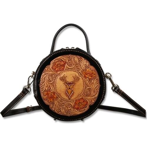 Leather ladies bag retro head layer cowhand original ladies cross body handbag leather carved small round bag retro classic