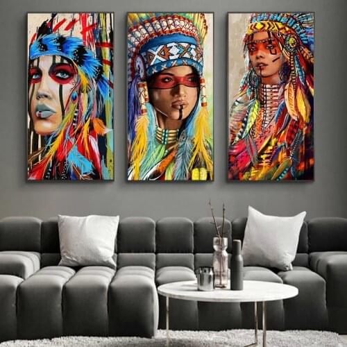 Colorful Indian Woman and Native Woman Canvas Painting Wall Art Nordic Posters and Prints Wall Pictures for Living Room Decor