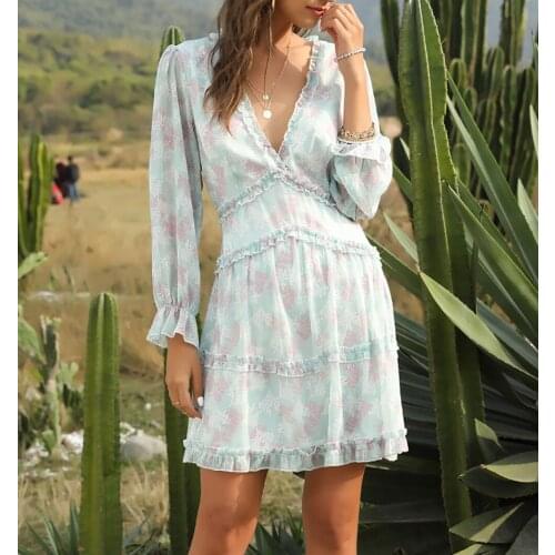 Floral Printed Mini Dress Women Sexy Backless Elegant Ladies Long Sleeve Ruffle Prom Party Summer Beach Short Dress Vestido 2021