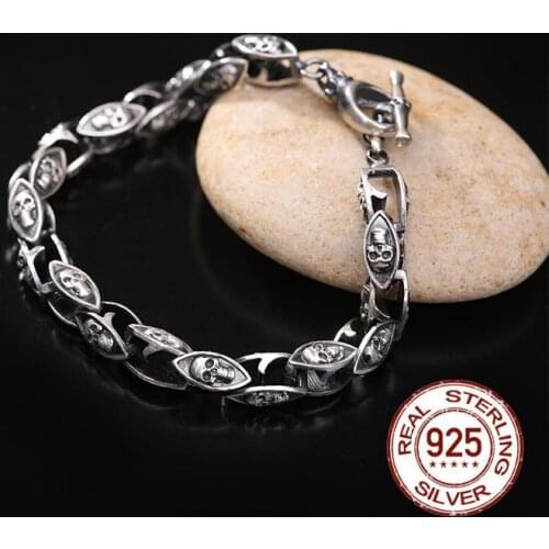 100% Pure 925 Silver Eye Of Horus Skull Men Bracelet Punk Rock Gold Vintage Sketon Sterling Silver Bracelets Man Jewelry Gifts