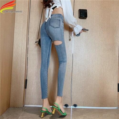 New 2021 Skinny Jeans Women High Waist Streetwear Black And Blue Denim Pants With Hole Korean Fashion Washed Pencil Jean Femme