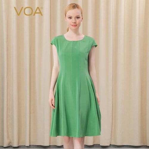VOA 36m/m Turquoise Heavy Silk Round Neck Shoulder Short Sleeve Multi-piece Split Fit Stitching Knee-length Dress A3212