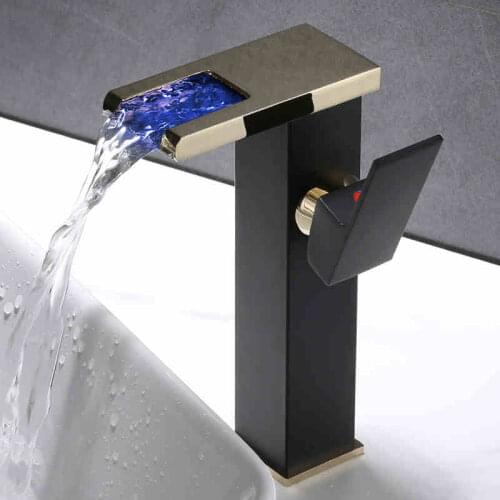 Factory Direct Sale Basin Faucet Black Gold Brass LED Sink Mixer Tap Hot and Cold Unique Design Basin Lavtory Faucet
