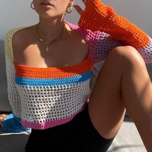 Knitted Long Sleeve Crop Top Women Beach Y2K Autumn Summer Patchwork Vintage Green Casual T Shirts Sexy Fashion