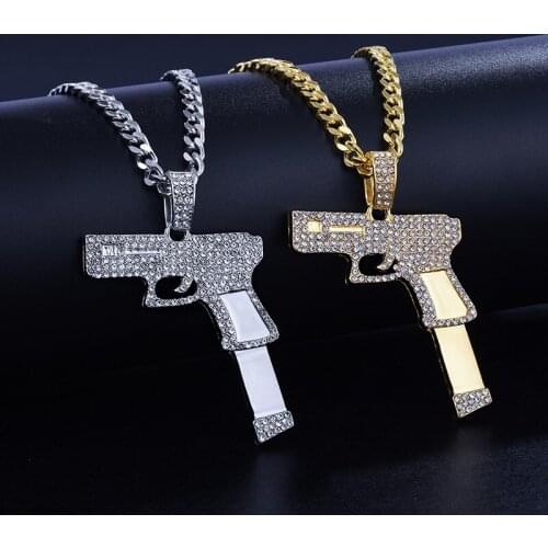Jewelry New Fashion Retro Full Zircon Handgun Cool Rock Necklace Mens Hip Hop Party Pendant Necklace Gold Jewelry for Men Gifts