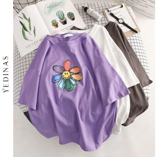 Sunflower Print T Shirt Women Summer T-shirt Cotton Female Japanese Style Aesthetics Tops Oversized Streetwear Tee Shirt