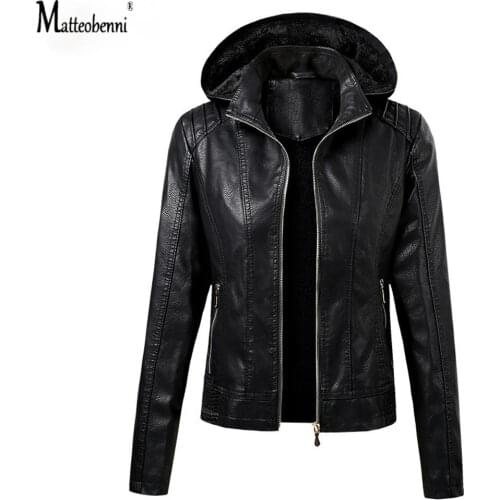 2021 New Women Hooded PU Leather Jackets Coffee Black Winter Warm Outerwear Motorcycle Coats Fashion Faux Leather Jacket Hoodies