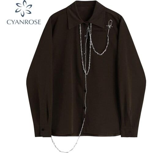 Womens Coffee Gothic Blouse Autumn Turndown Collar Long Sleeve Fashion Casual Street Vintage Chain Shirt 2021 New Streetwear