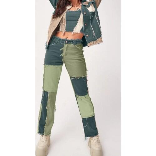 Autumn Patchwork High Waist Straight Denim Pants Women Casual Skinny Ripped Jeans Capris Pocket Long Trousers Ladies Streetwear