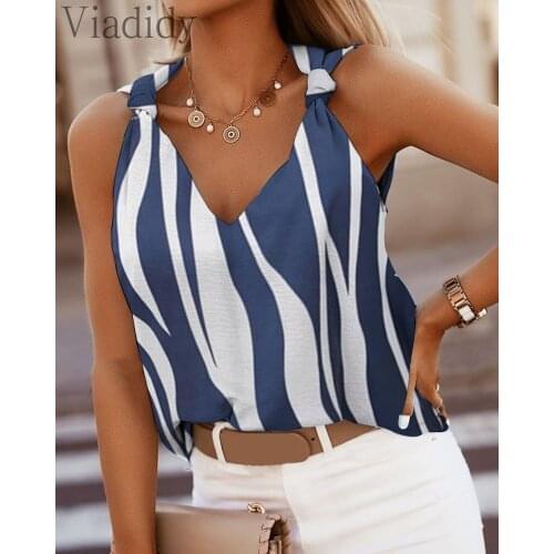 Women Summer Colorblock Knotted V Neck Sleeveless Top