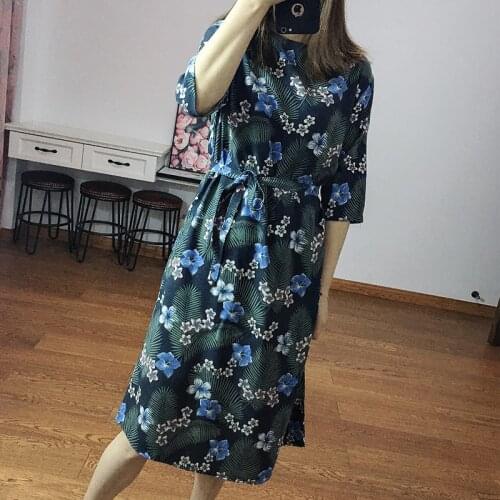 Women Summer 50% Silk Tie-up Dress O neck Floral Print Natural silk straight dresses Elegant Dress Casual real silk dress