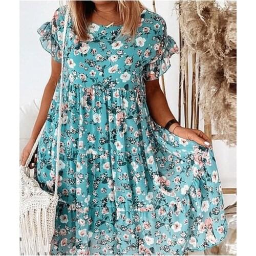 2021 Summer Women Chiffon Dress Floral O-Neck Butterfly Sleeve Dress for Women Casual Loose Long Dresses New Vestido 14486