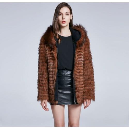 Winter Womens Coat Natural Fur Coat Really Fox Fur Coat Furry Coat Fashion Warm Zipper Cap Long Sleeve New FZD-M007