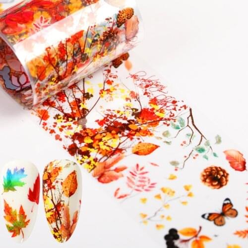 10pcs Autumn Maple Foils Nail Tranfer Stickers Set Blooming Colorful Flowers Nail Sliders Butterfly Manicures Decoration