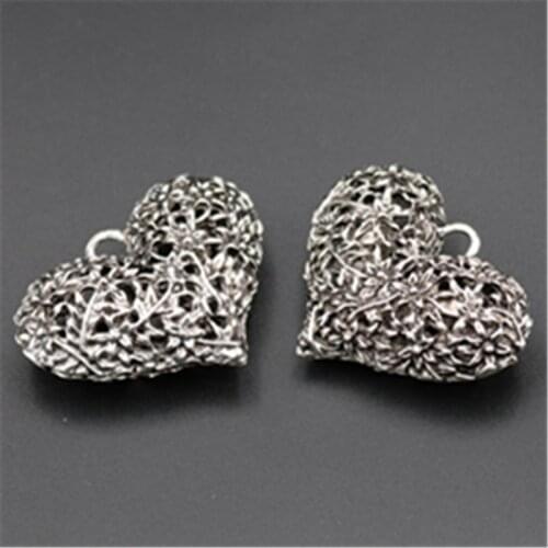 2pcs Antique silver color 3D hollow two-sided heart charm necklace bracelet DIY fashion jewelry alloy pendants A612