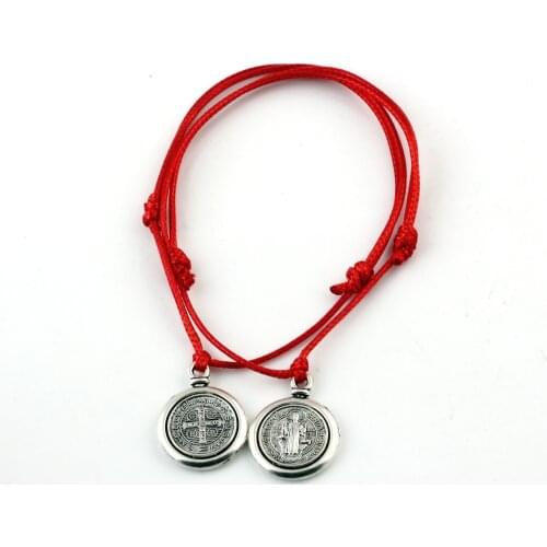 20PCS Saint San Benedetto Medal Cross Religion Charm Pendant Adjustable Kabbalah Korea Waxed Cotton Cord Bracelets Red B-278