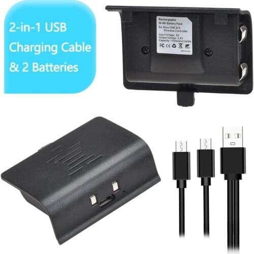 2Pcs Batteries for Xbox One / Xbox One S / Xbox One X / Xbox One Elite Wireless Controller Gamepads + 2 in 1 USB Charging Cable