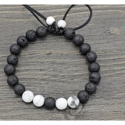 8mm uik3 adjusted Charm nature bead white Howlite black volcanic lava stone Bracelet women men gift Buddha Yoga