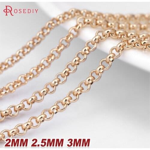 2 Meters 2MM 2.5MM 3MM 24K Champagne Gold Color Plated Brass Round Link Chains Necklace Chains High Quality Jewelry Accessories