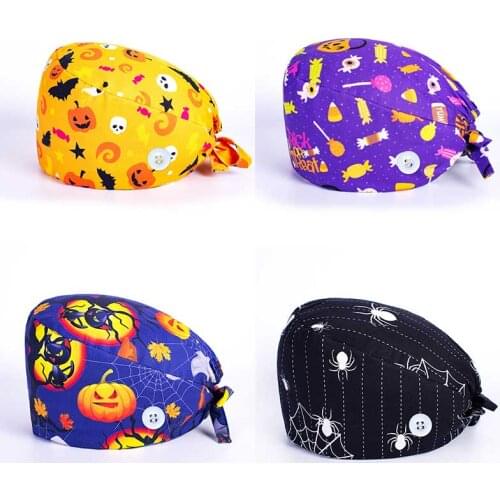 CN Halloween Print Scrubs Caps Pet Grooming Agency Work Scrubs Caps Cotton Beauty Salon Surgeon Dental Clinic Nursing Hat