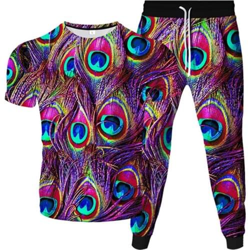 T-Shirt+Jogger Pants 2Pcs Set Men Women Fashion Tracksuit Animal Bird Peacock Colorful Feather Print Male Sport Suits Plus Size