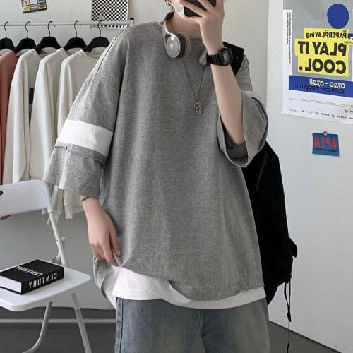 100% cotton ruffian handsome fake two short sleeved T-shirts mens summer Korean couple top