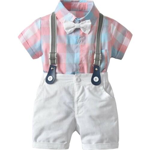 2pcs Toddler Kids Baby Boy Gentleman Formal Clothes Party Pink Plaid Bow Top Romper+White Bib Shorts Set Spring Autumn Outfit