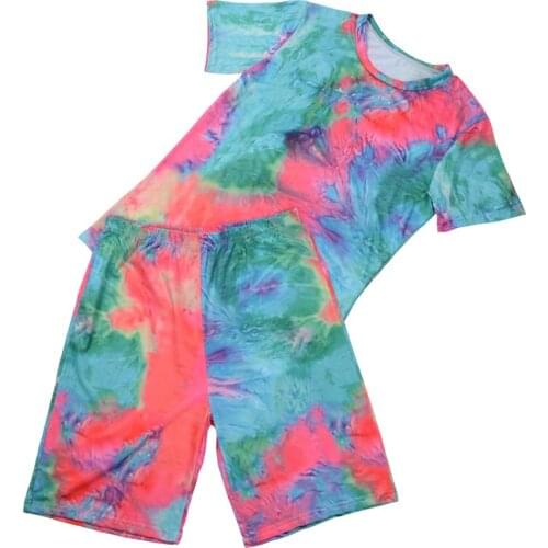 Newest Arrival 2 Pieces Leisure Suit Set for Women Tie-Dye Print Round Neck Short Sleeve T-Shirt+Shorts Sportswears US Stock