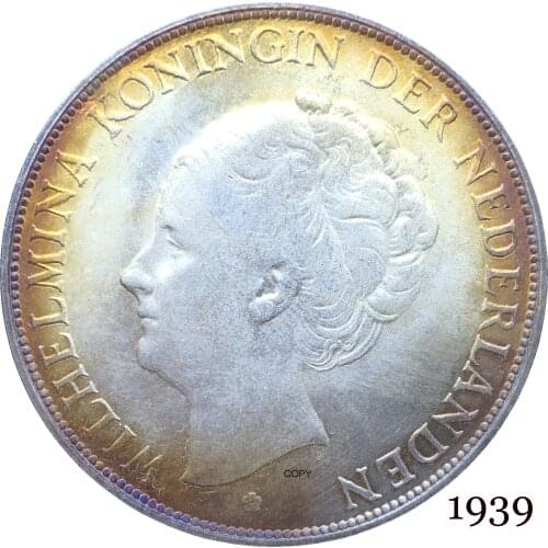 Netherlands 1939 2½ Gulden Wilhelmina I WILHELMINA KONINGIN NEDERLANDEN Cupronickel Silver Plated Copy Coin With Letter Edge