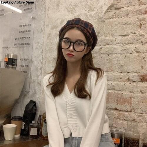 Knitted Crop Cardigan Women Korean Short Sweater Long sleeve V neck Cardigan Green Blueexpose Waist Women Clothing