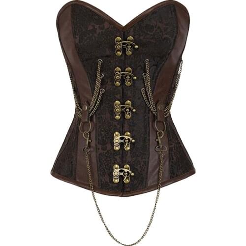 Steampunk Gothic Corselet Sexy Retro Vintage Corset Bustier Steel Bone Chains Floral Party Shows Dark Brown Tops