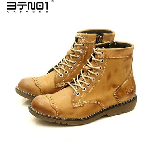 US Size Hight Quality Retro Mens Ankle Boots Genuine Leather Lace Up Round Toe Zip Work Safety Man Winter Shoes