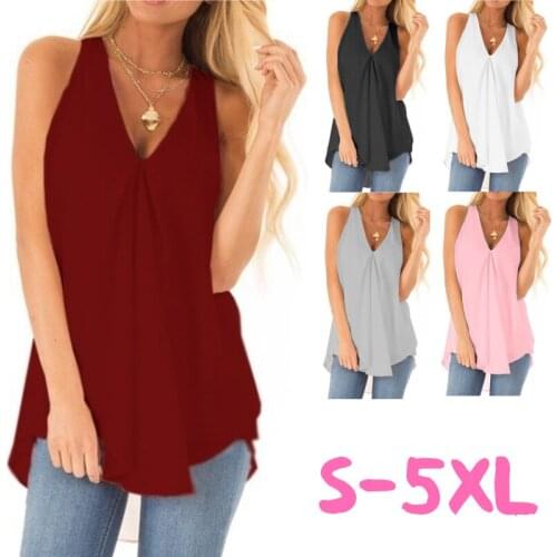 Kuelawear Summer Solid Color V-neck T-shirts Womens Chiffon Sleeveless Tops Ladies Casual Pullover Irregular T-shirts Plus Size